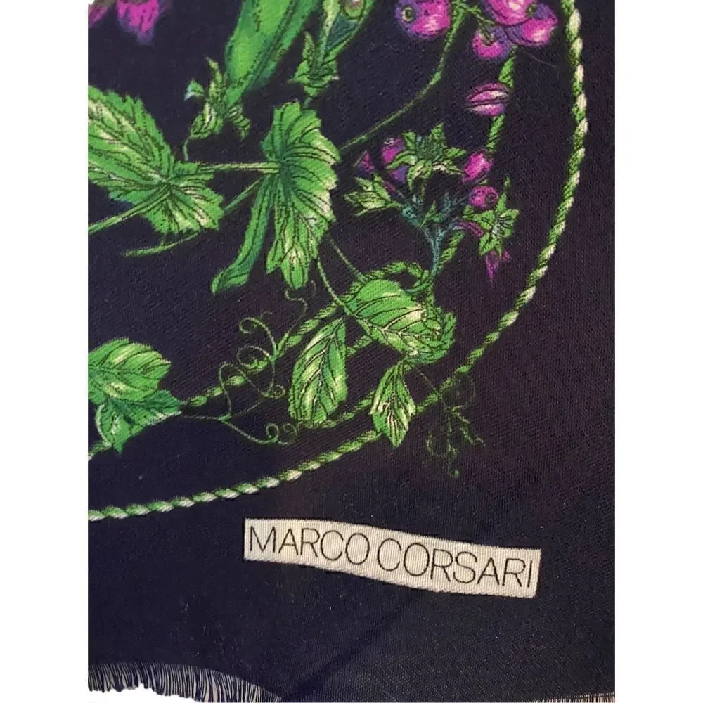 Marco Corsari Dark blue scarf with green and purple vegetables and herbs plants